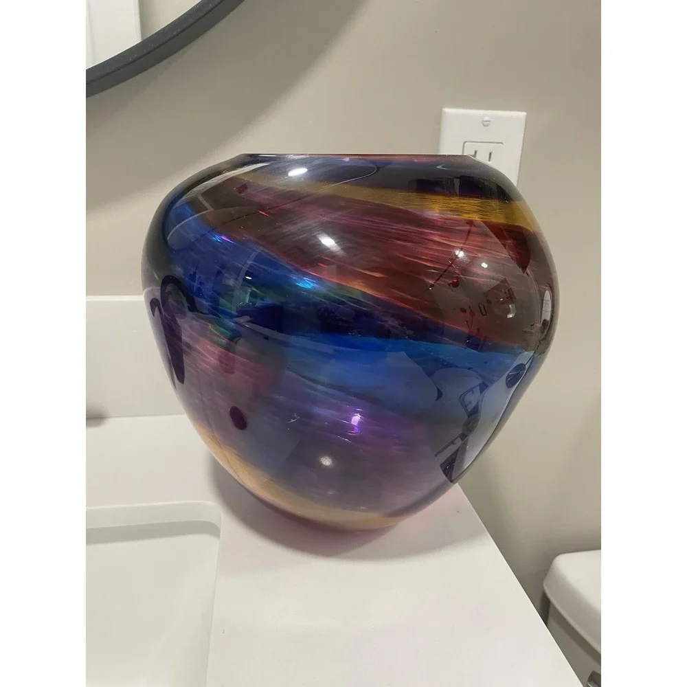 Stephen R. Nelson Signed Hand Blown Studio Art Glass Vase Multicolor Ribbon 8.5